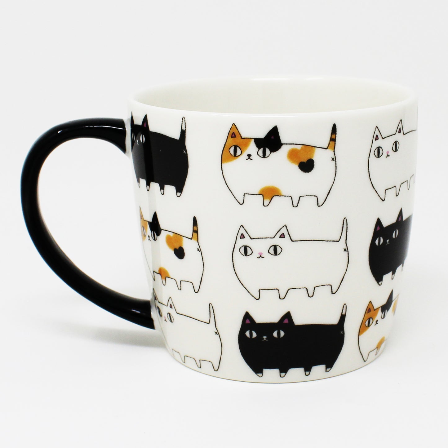 3 Cat Brothers Cat Parade Mug – White porcelain mug featuring Kuro, Shiro, and Mike marching around in a continuous pattern, with a black paw print inside and black handle – Nyan-ya Series from Japan