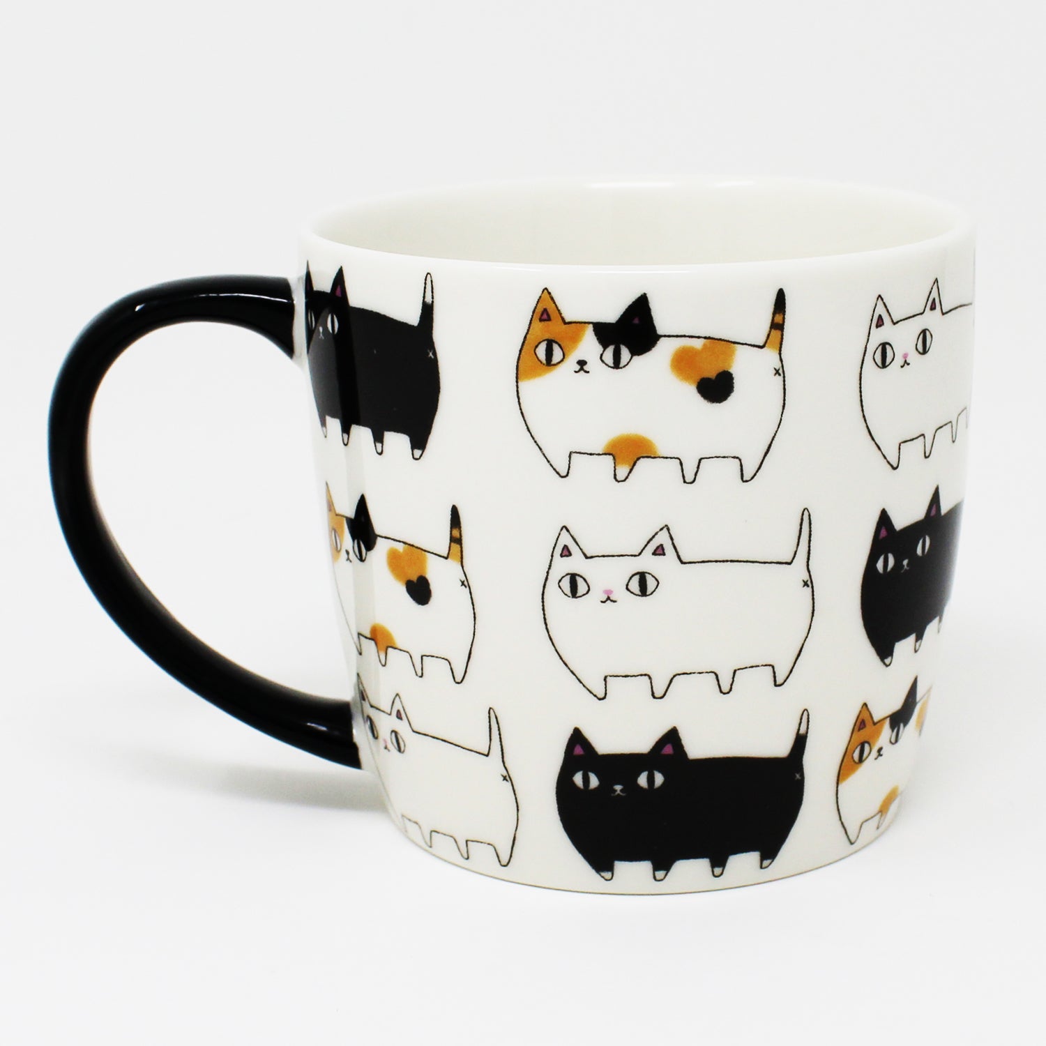 3 Cat Brothers Cat Parade Mug – White porcelain mug featuring Kuro, Shiro, and Mike marching around in a continuous pattern, with a black paw print inside and black handle – Nyan-ya Series from Japan
