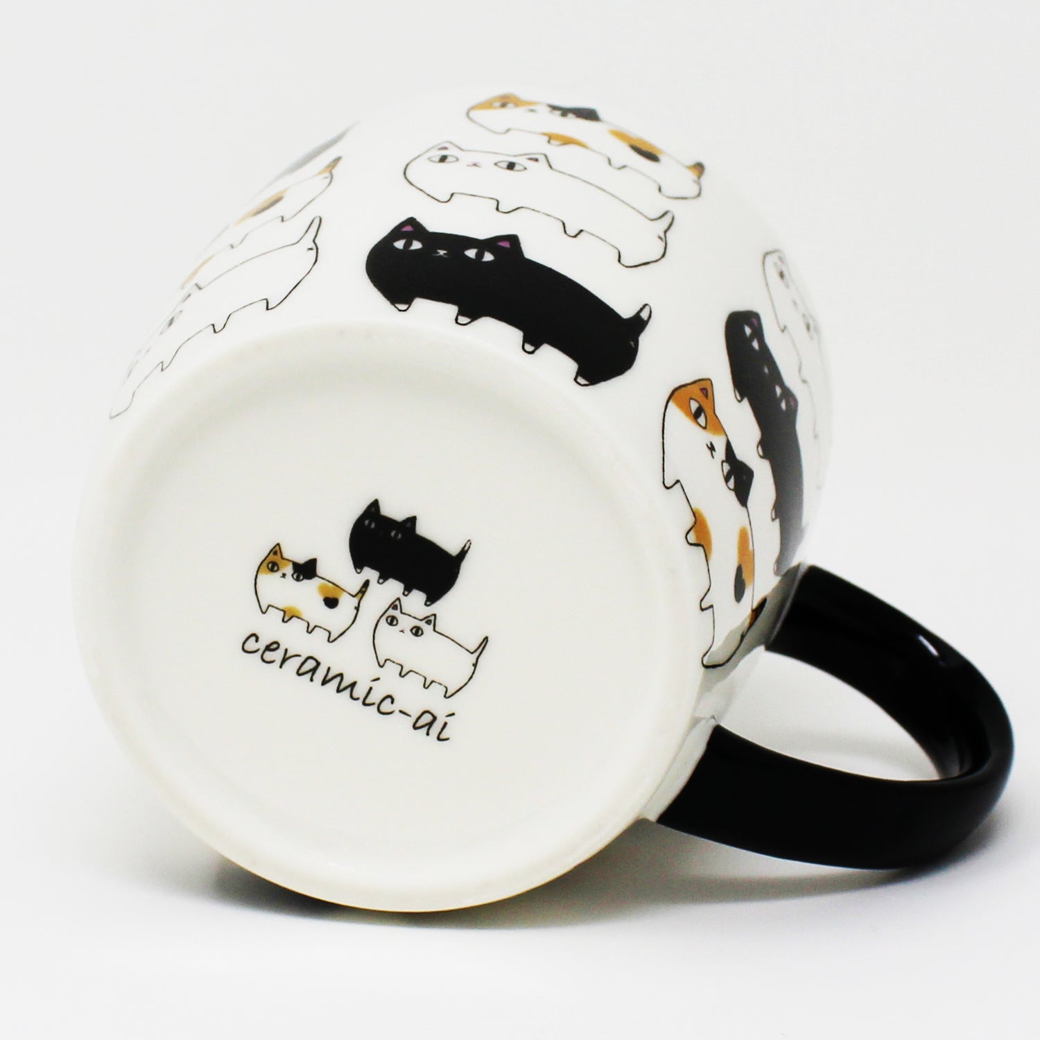 3 Cat Brothers Cat Parade Mug – White porcelain mug featuring Kuro, Shiro, and Mike marching around in a continuous pattern, with a black paw print inside and black handle – Nyan-ya Series from Japan