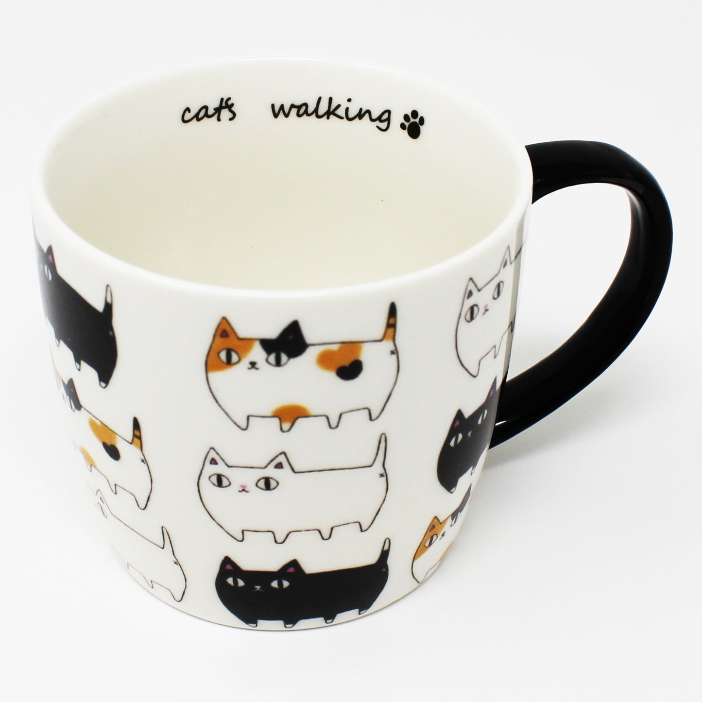 3 Cat Brothers Cat Parade Mug – White porcelain mug featuring Kuro, Shiro, and Mike marching around in a continuous pattern, with a black paw print inside and black handle – Nyan-ya Series from Japan
