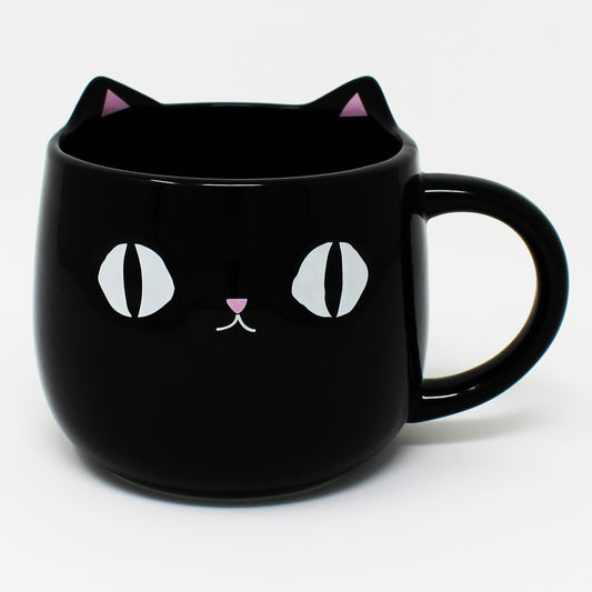Front view of Kuro Black Cat Mug with 3D pink ears and black cat face – Nyan-ya Series from Japan