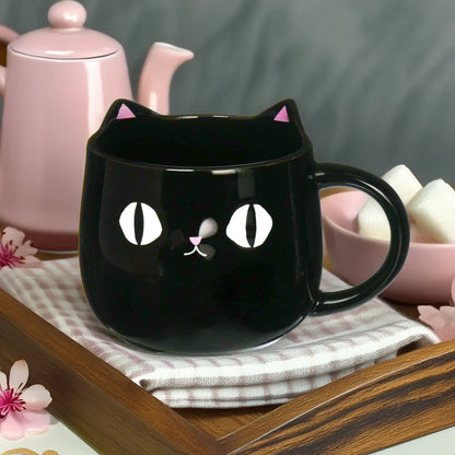 Front view of Kuro Black Cat Mug with 3D pink ears and black cat face – Nyan-ya Series from Japan