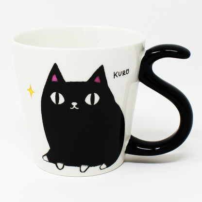 Front view of Kuro the black cat porcelain mug with tail-shaped handle – Nyan-ya Series from Japan