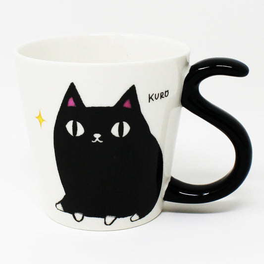 Front view of Kuro the black cat porcelain mug with tail-shaped handle – Nyan-ya Series from Japan