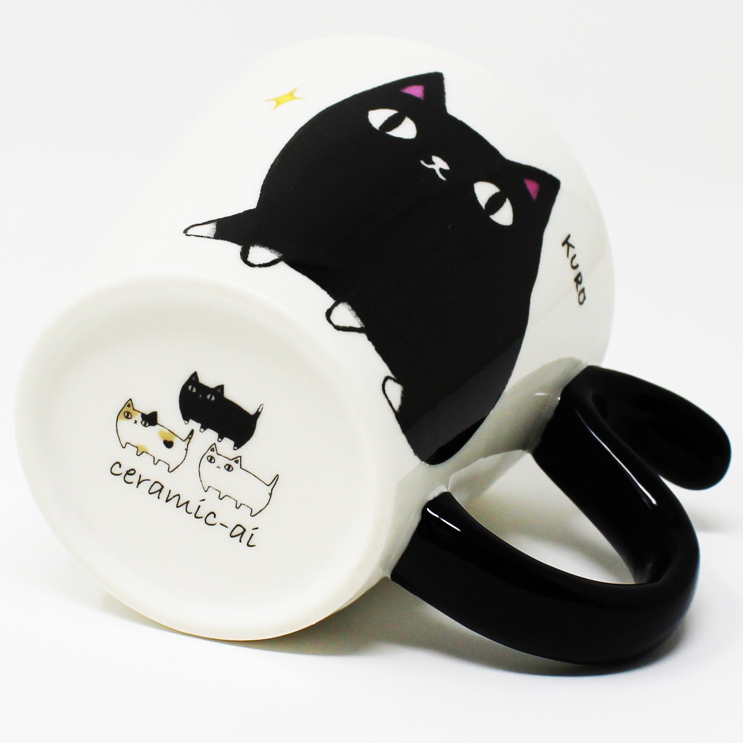 Bottom of cat mug featuring illustrations of the 3 Cat Brothers: Kuro, Shiro, and Mike