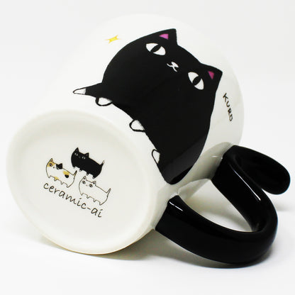 Bottom of cat mug featuring illustrations of the 3 Cat Brothers: Kuro, Shiro, and Mike