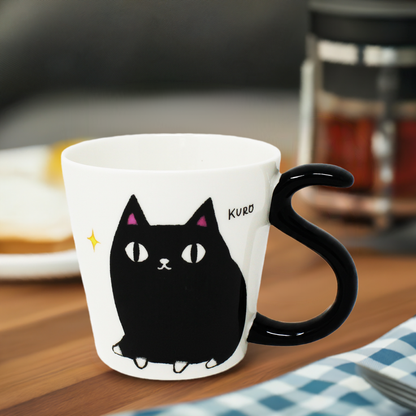 3 Cat Brothers Porcelain Mug – Kuro the Black Cat Tail Handle – Nyan-ya Series Japan