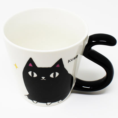 Top-down view of Kuro the black cat mug showing round rim and glossy white porcelain interior
