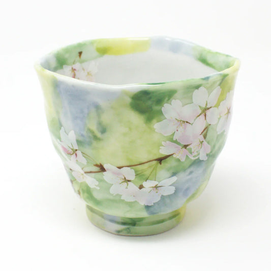 Hanagasumi Mino Ware Yunomi Teacup - Green Cherry Blossom Japanese Porcelain Cup, Made in Japan