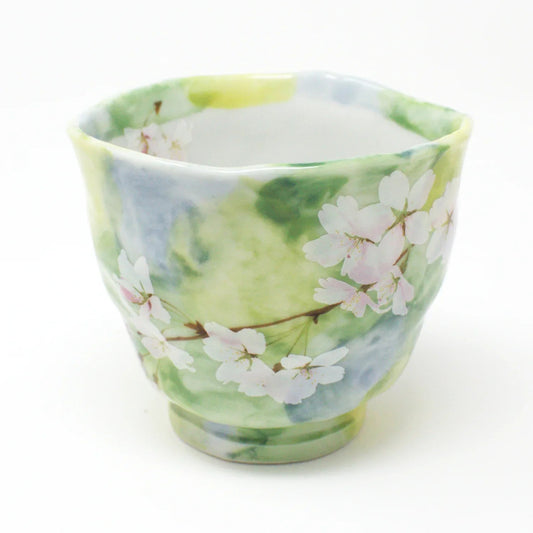 Hanagasumi Mino Ware Yunomi Teacup - Green Cherry Blossom Japanese Porcelain Cup, Made in Japan by Mino Ware