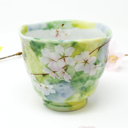 Hanagasumi Mino Ware Yunomi Teacup - Green Cherry Blossom Japanese Porcelain Cup, Made in Japan