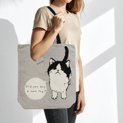 Mamehachi Black & White Cat Tall Vertical Canvas Tote Bag (Gray) – Zip-Top + Inner Pocket by Julymoon