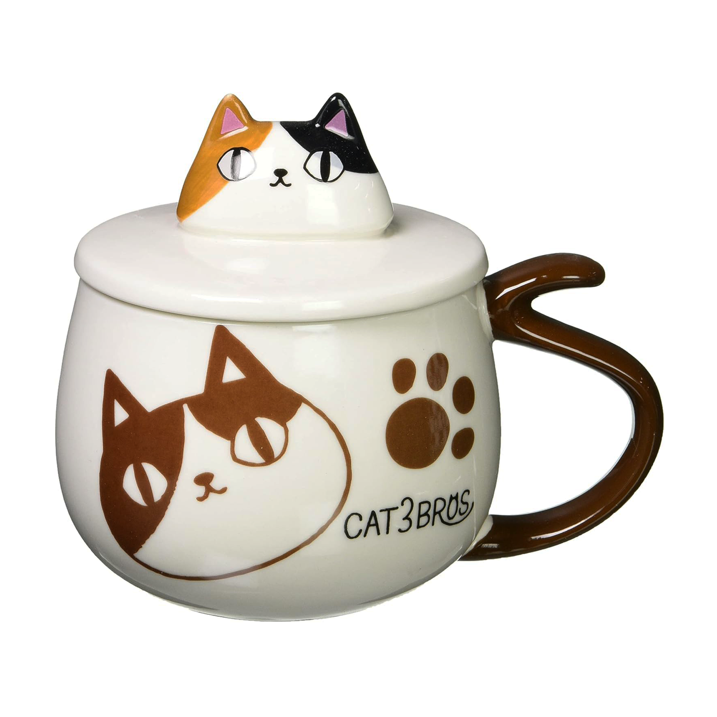 3 Cat Brothers Mike mug with ceramic lid featuring sculpted calico cat top and tail handle