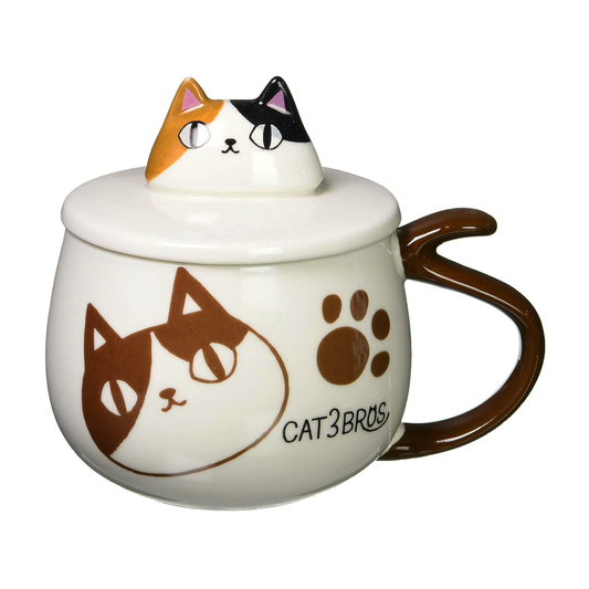 3 Cat Brothers Mike mug with ceramic lid featuring sculpted calico cat top and tail handle