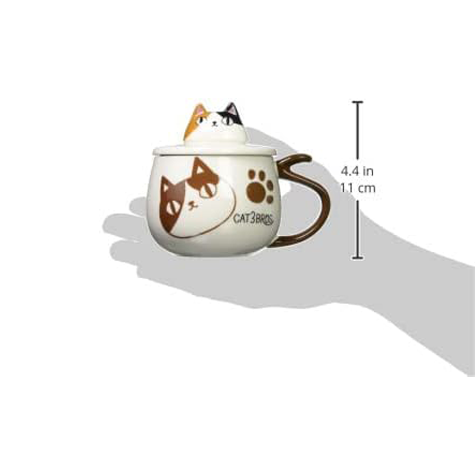 Mike calico cat mug with lid shown in hand for scale, 4.5 inch height