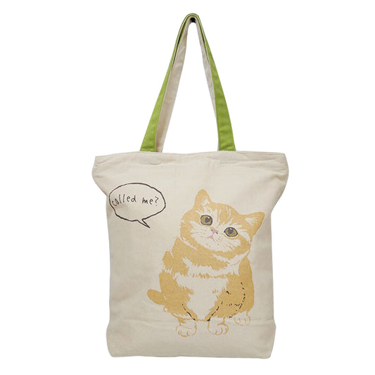 Munchkin cat canvas tote bag with zip-top closure and green handles featuring cute cat illustration and text called me