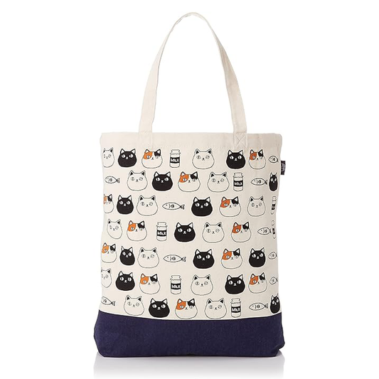 Canvas tote bag with cute cat faces of Shiro, Kuro, and Mike from the Nyan-ya series, and inner pocket – perfect for cat lovers.