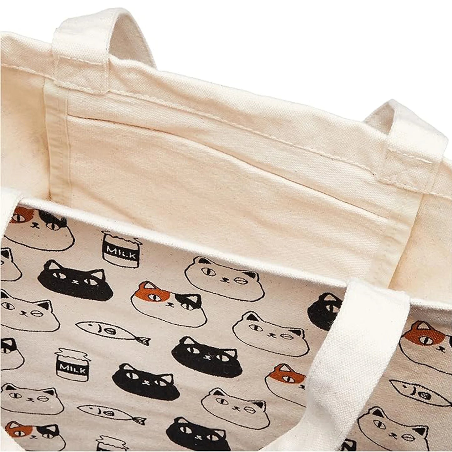 Canvas tote bag with cute cat faces of Shiro, Kuro, and Mike from the Nyan-ya series, and inner pocket – perfect for cat lovers.