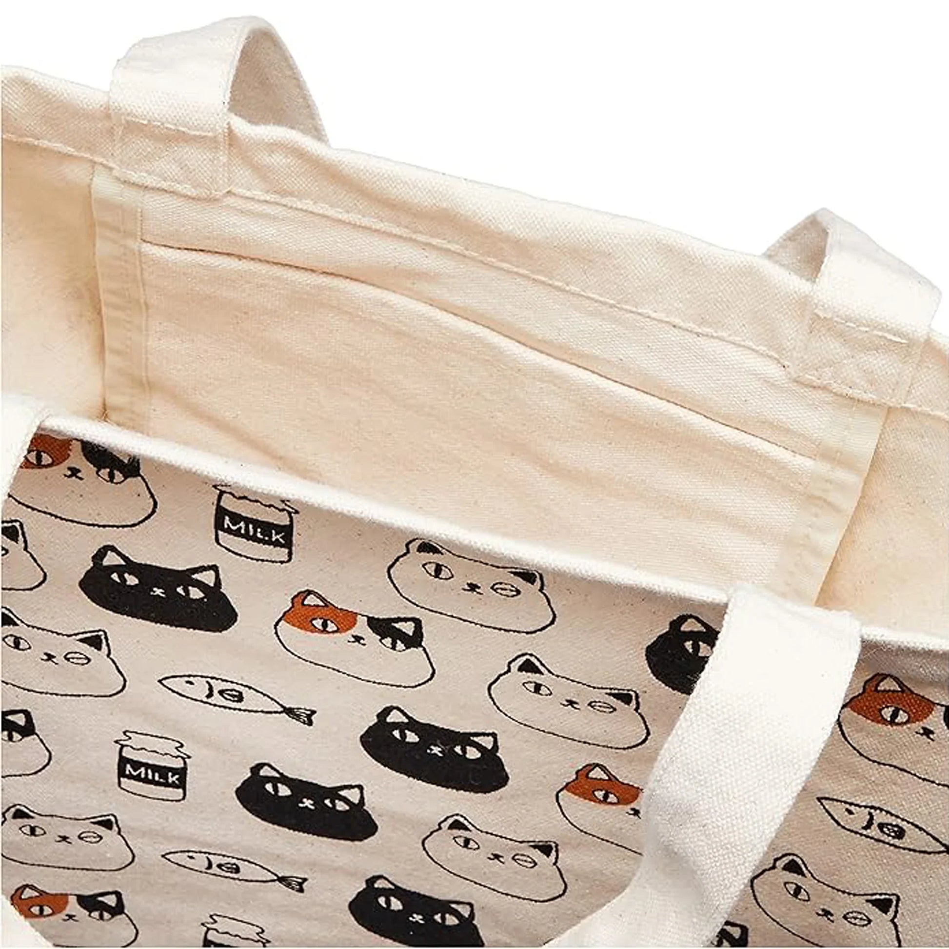 Canvas tote bag with cute cat faces of Shiro, Kuro, and Mike from the Nyan-ya series, and inner pocket – perfect for cat lovers.