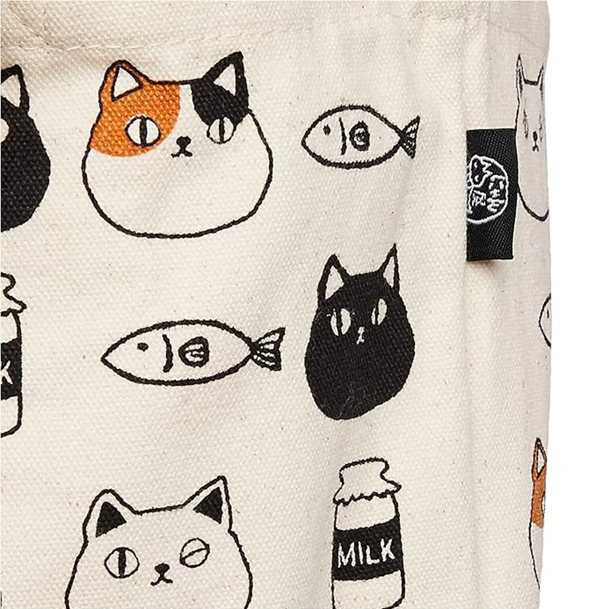 Close-up of a fabric with cat faces and fish pattern on a white background