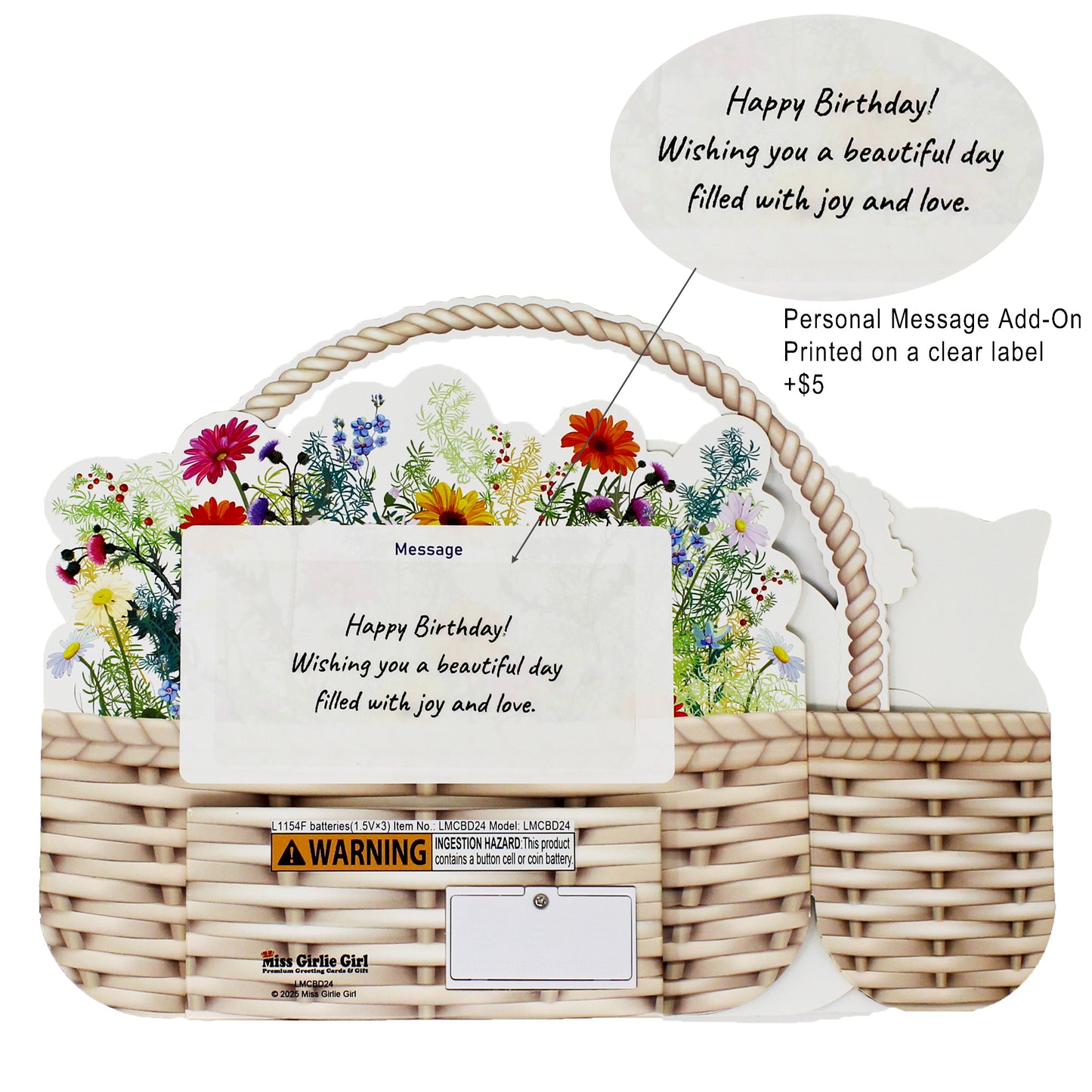 Kittens in Flower Basket Pop-Up Birthday Card with Lights & Dual Melodies (Meow & Violin) by Miss Girlie Girl