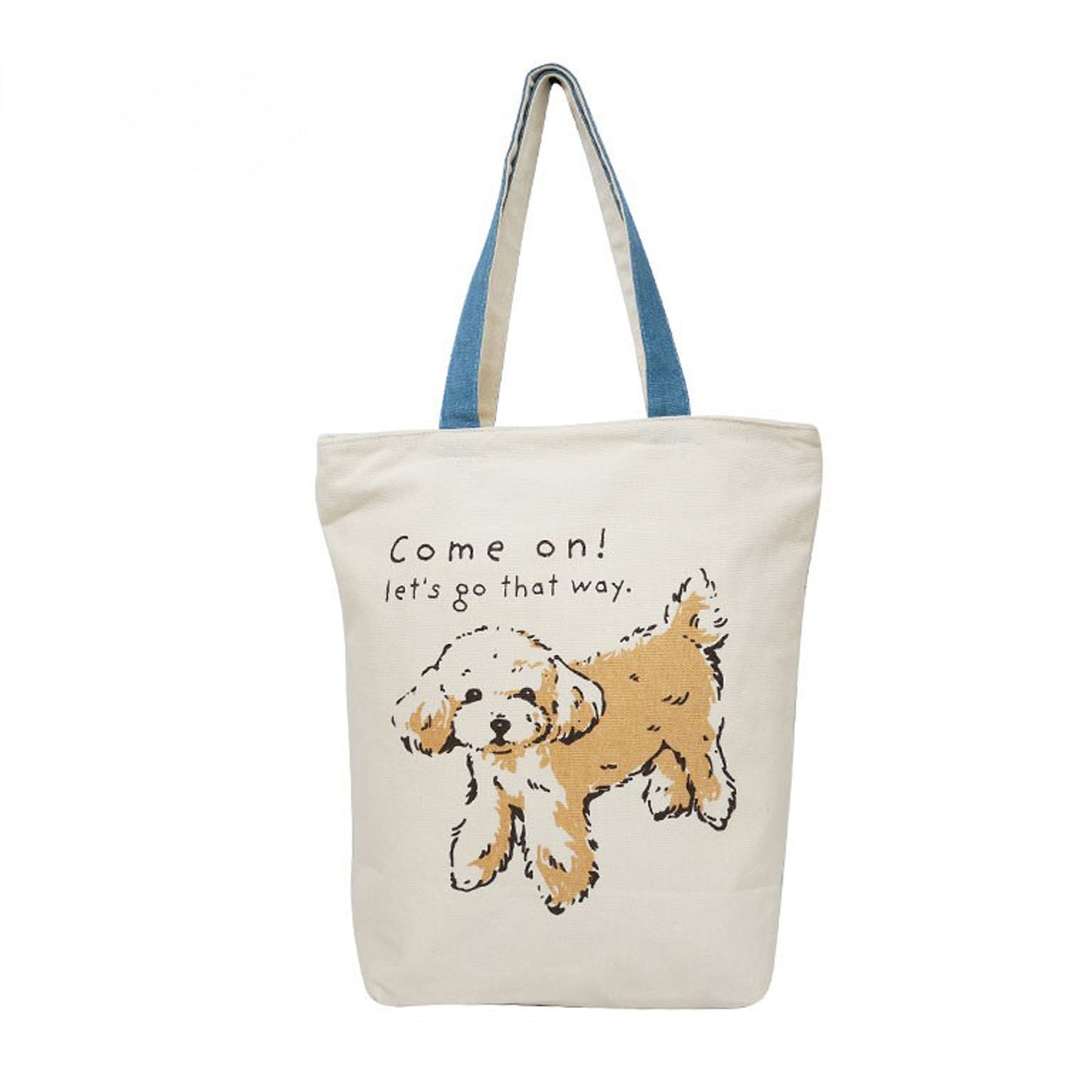 Come On Poodle Tall Vertical Canvas Tote Bag (Natural Canvas) – Blue Handles – Zip-Top + Inner Pocket by Julymoon