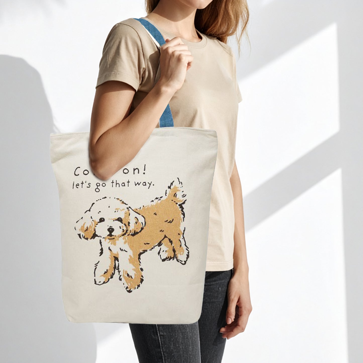 Come On Poodle Tall Vertical Canvas Tote Bag (Natural Canvas) – Blue Handles – Zip-Top + Inner Pocket by Julymoon