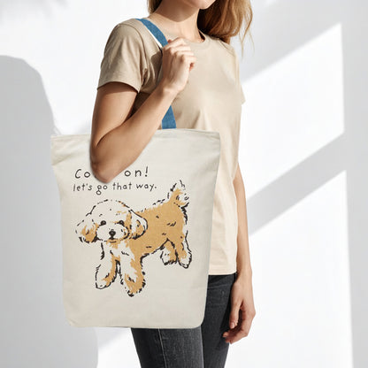 Come On Poodle Tall Vertical Canvas Tote Bag (Natural Canvas) – Blue Handles – Zip-Top + Inner Pocket by Julymoon