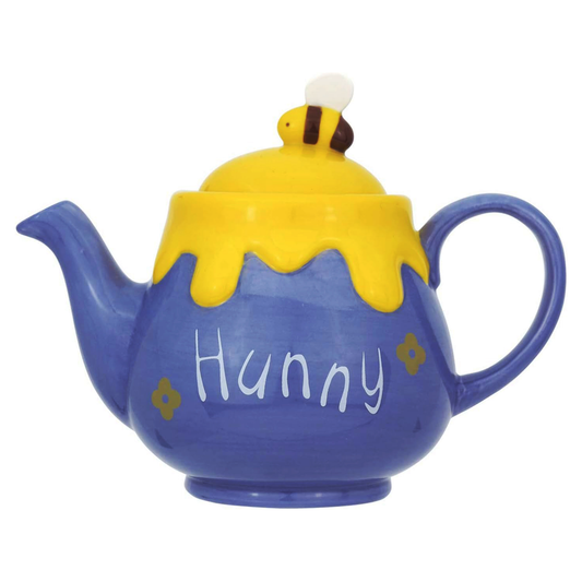 Purple teapot with yellow lid featuring a bee and the word 'Hunny'