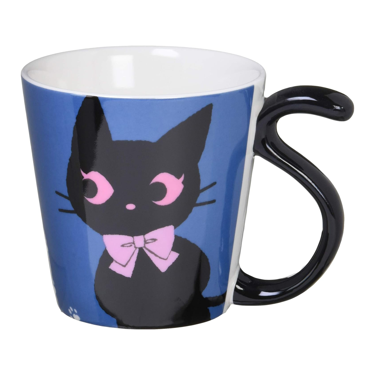 Nyanya Ropi blue porcelain mug with tail-shaped handle and black cat illustration with pink bow