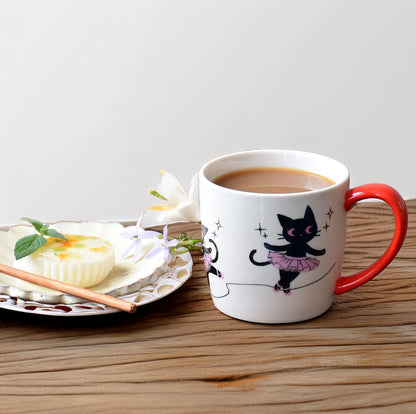 Nyan-ya Ropi Ballet Porcelain Mug – Japanese Cat Design, Glossy Finish