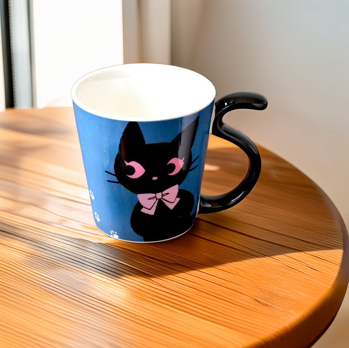 Nyan-ya Ropi Blue Porcelain Tail Handle Mug – Japanese Cat Design, Glossy Finish