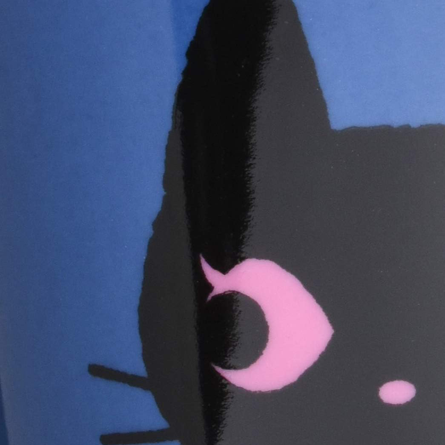 Back view of Nyanya Ropi blue mug showing Ropi cat artwork and name with glossy finish and tail handle