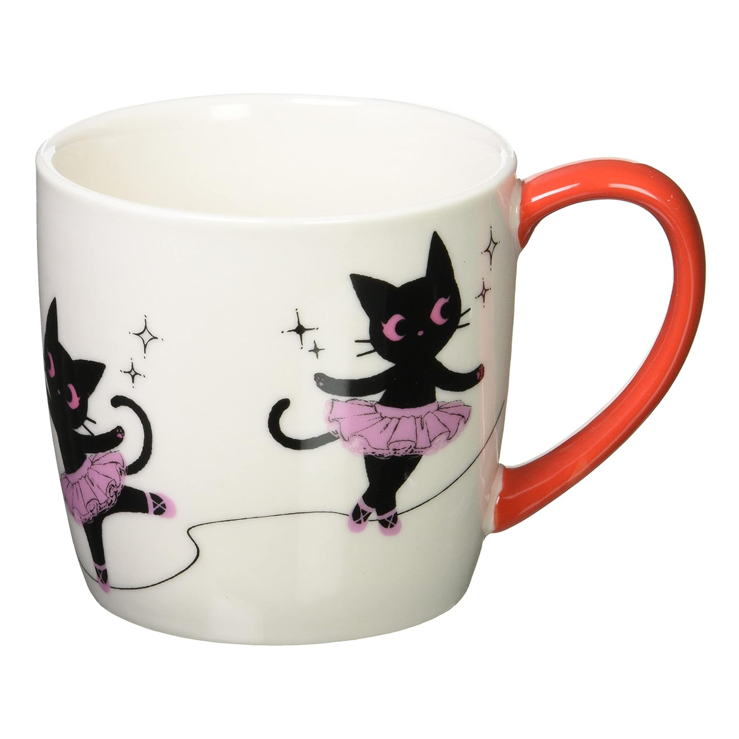 Ropi Ballet porcelain mug with red handle featuring black cat ballet illustration from Nyan-ya series