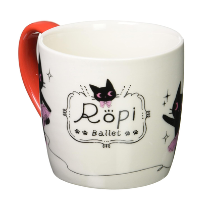 Back view of Ropi Ballet mug showing logo and wraparound ballet cat design with glossy finish