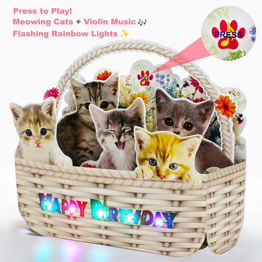 Kittens in Flower Basket Pop-Up Birthday Card with Lights & Dual Melodies (Meow & Violin) by Miss Girlie Girl