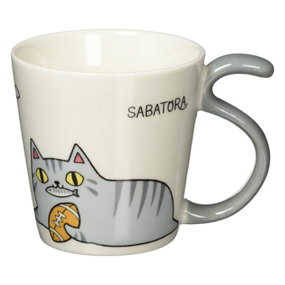 Silver Tabby Cat Sabatora Porcelain Mug – Three Neighbors Cat Brothers Series – Tail Handle Japanese Design