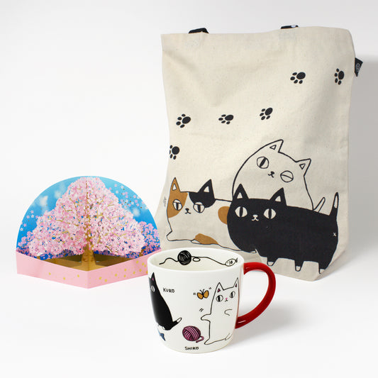 Spring Romance Gift Set – 3 Cat Brothers Favorite Foods Mug + Tote + Cherry Blossom Pop-Up Card