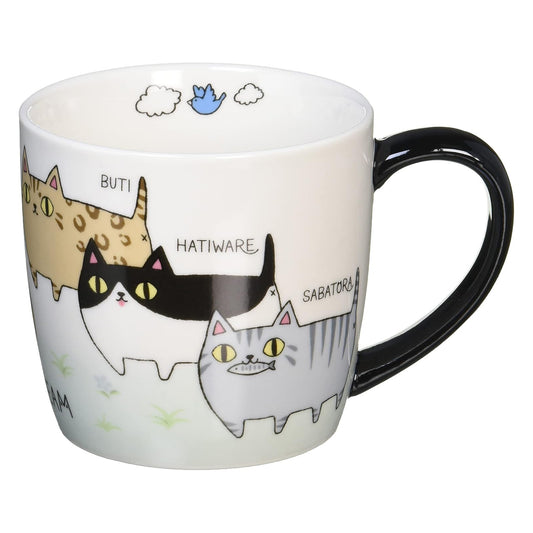 Porcelain mug featuring Three Neighbors Cat Brothers with rugby ball and black handle