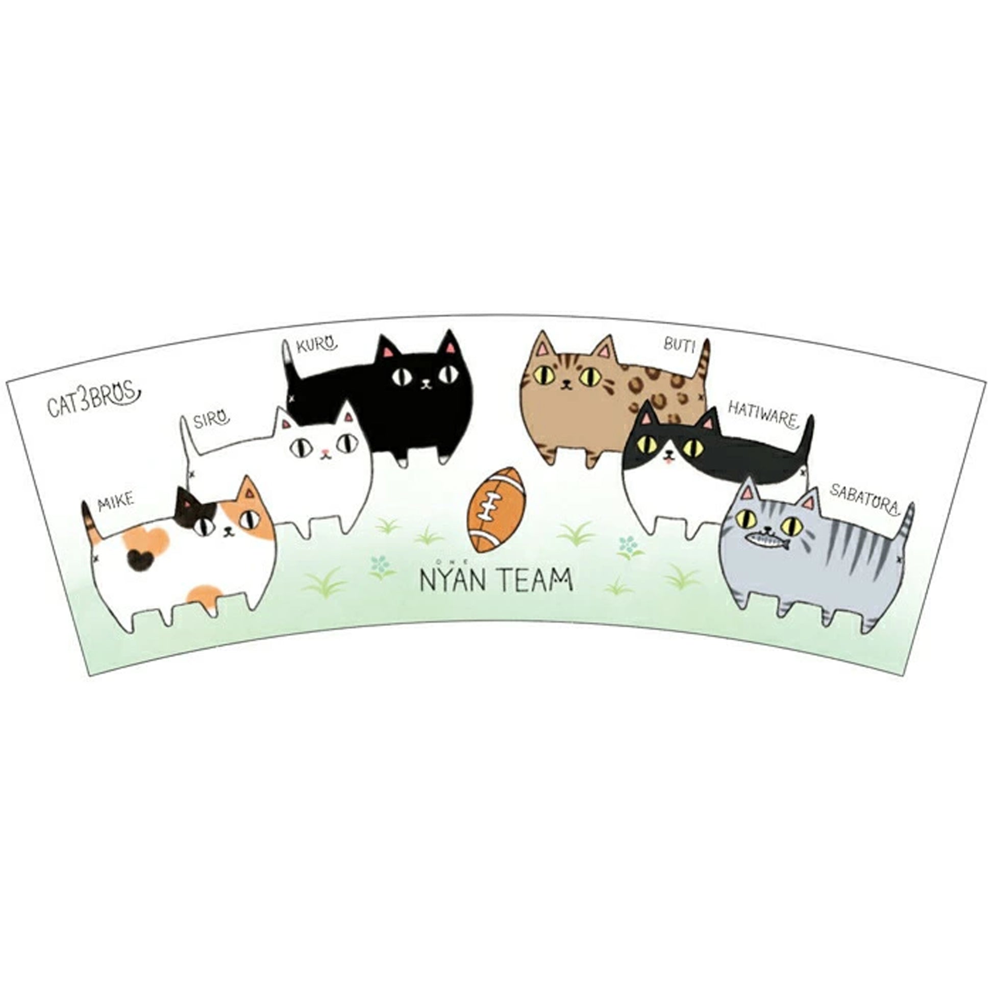 Rugby-themed illustration of 3 Cat Brothers and Three Neighbors cats from Nyan-ya Series