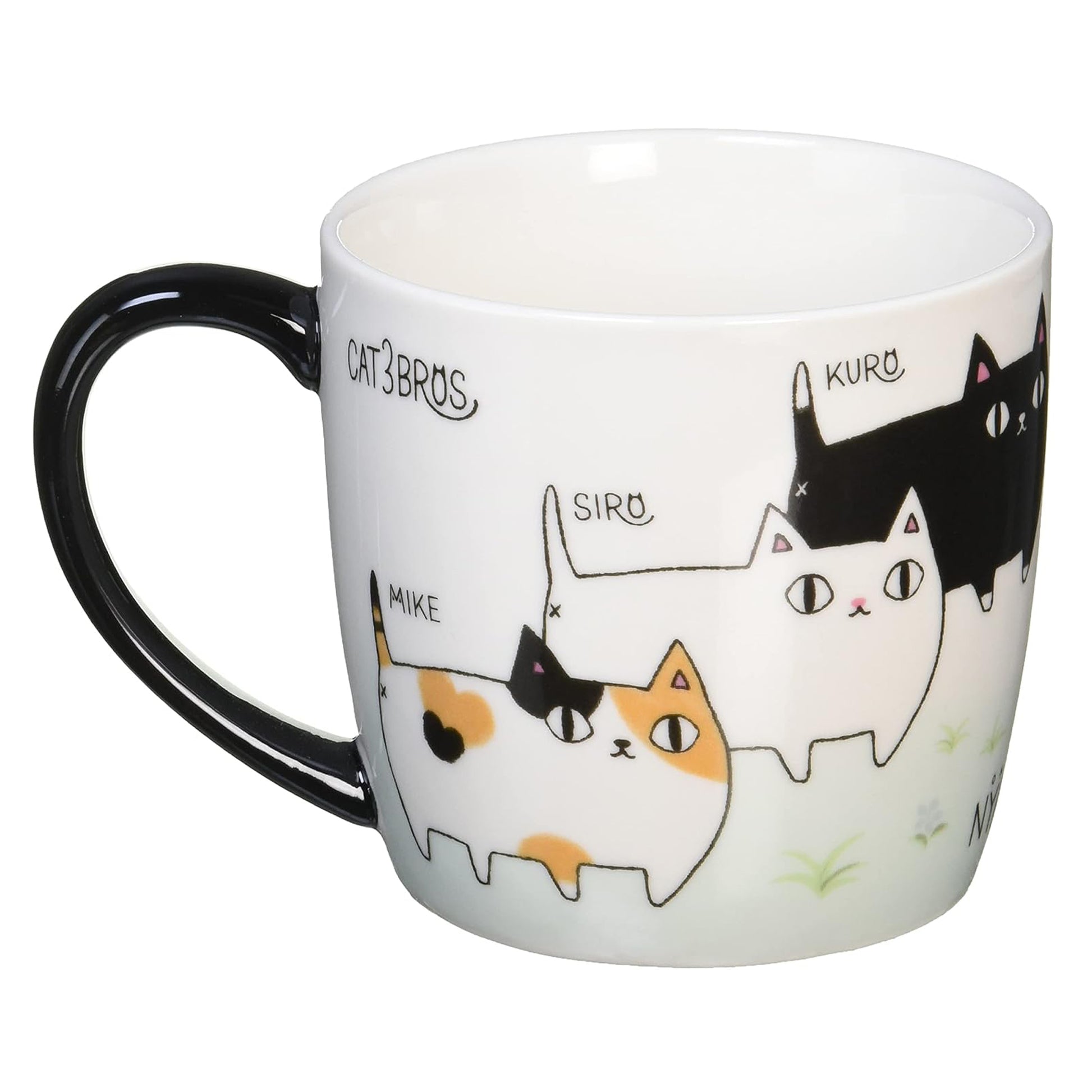 3 Cat Brothers characters Kuro, Shiro, and Mike on Japanese porcelain mug