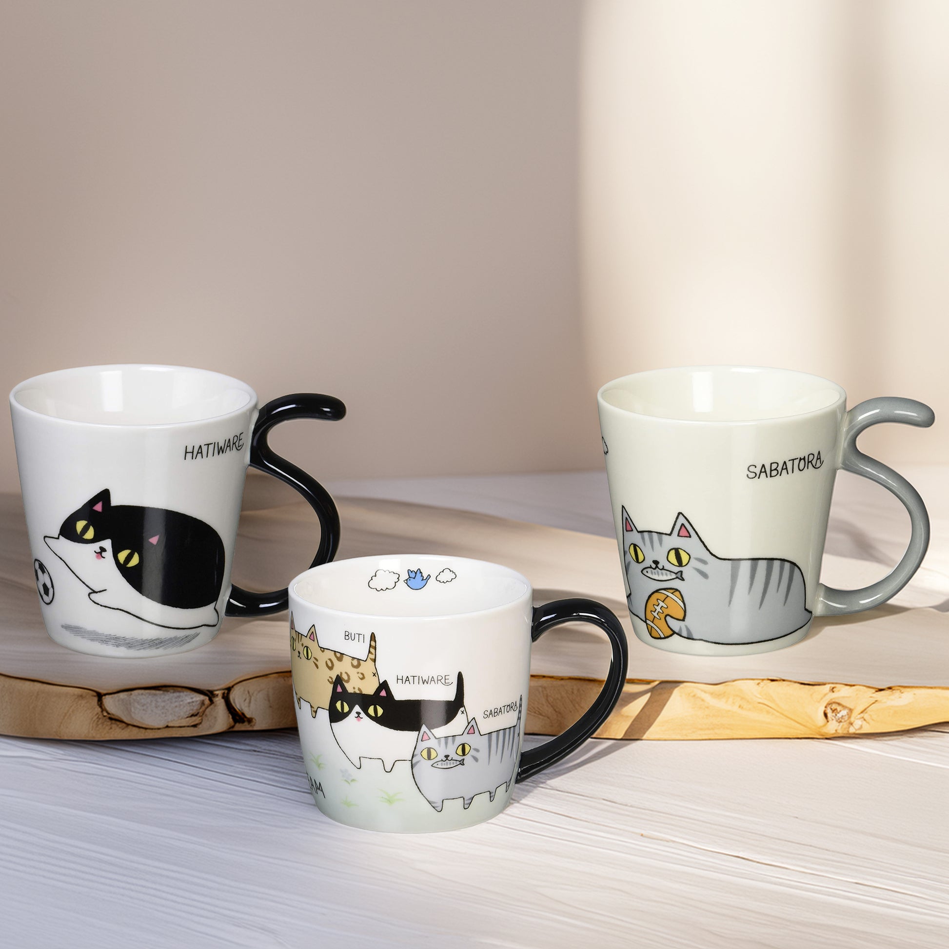 Silver Tabby Cat Sabatora Porcelain Mug – Three Neighbors Cat Brothers Series – Tail Handle Japanese Design by AI Co. Ltd.