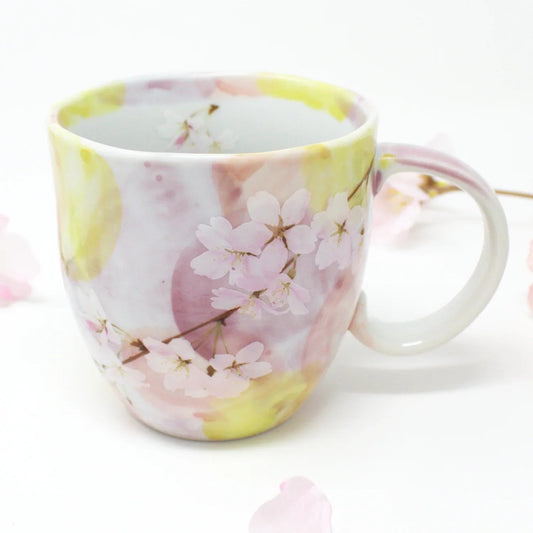 Pink Hanagasumi Mino Ware porcelain mug with cherry blossom design, made in Japan