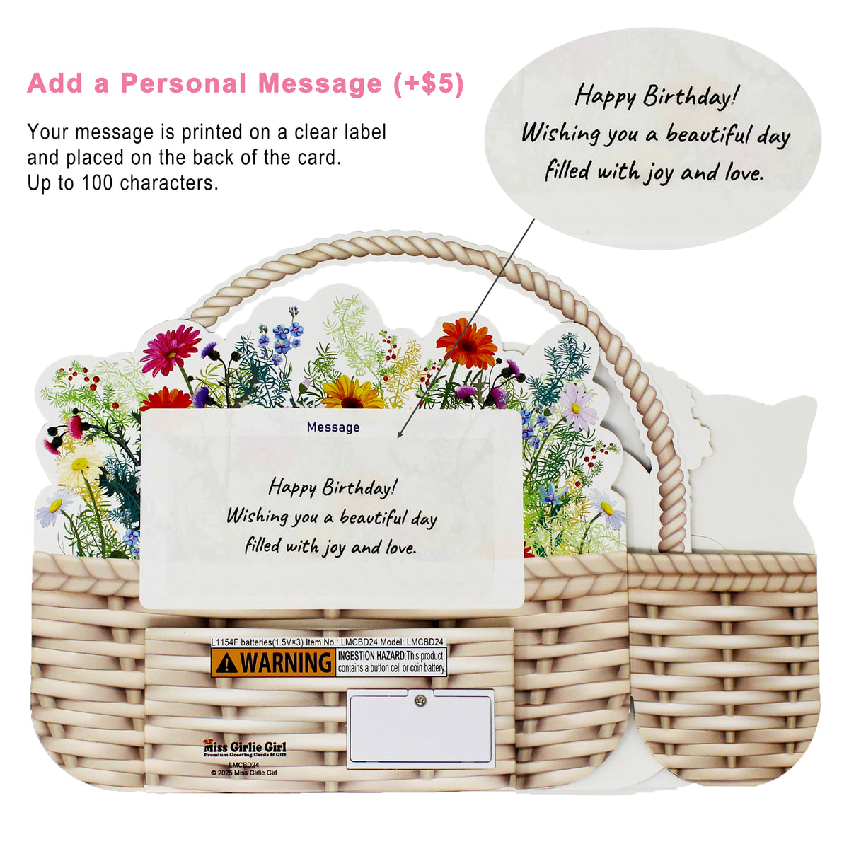 Personal message option for the kitten birthday card showing a custom message printed on a clear label on the back of the card.