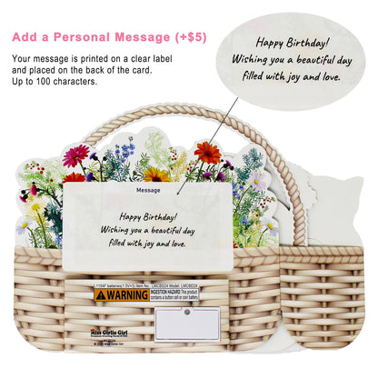 Personal message option for the kitten birthday card showing a custom message printed on a clear label on the back of the card.