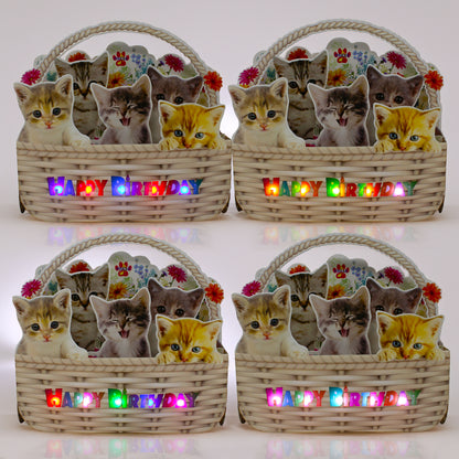 Light-up kitten birthday card showing colorful RGB LED lights across the Happy Birthday flower basket.