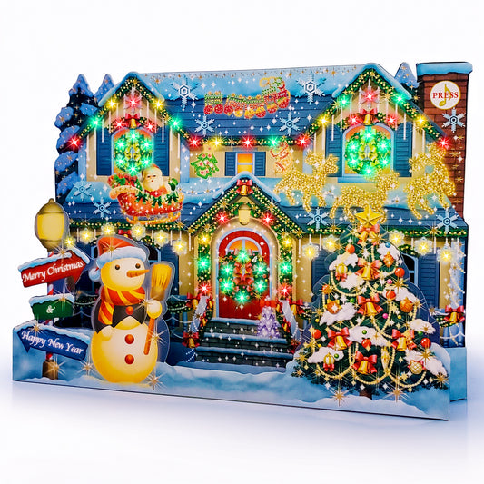 3D Christmas Home musical pop-up card with colorful LED lights, Santa, snowman, reindeer and decorated Christmas tree.