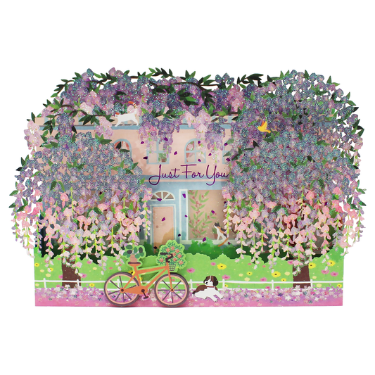 Sparkling multicolor wisteria 3D pop up greeting card with glitter flowers and Just For You message