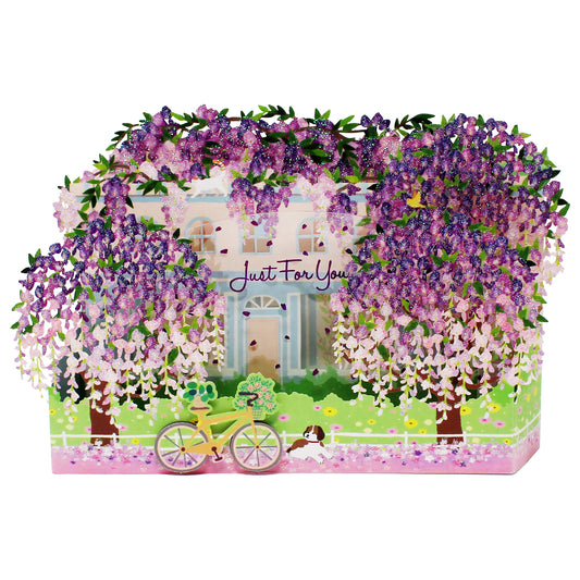 Wisteria 3D pop up greeting card with glitter floral design and Just For You message