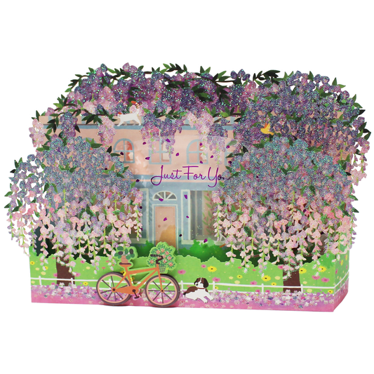 Side view of the sparkling multicolor wisteria 3D pop up card showing its layered floral design